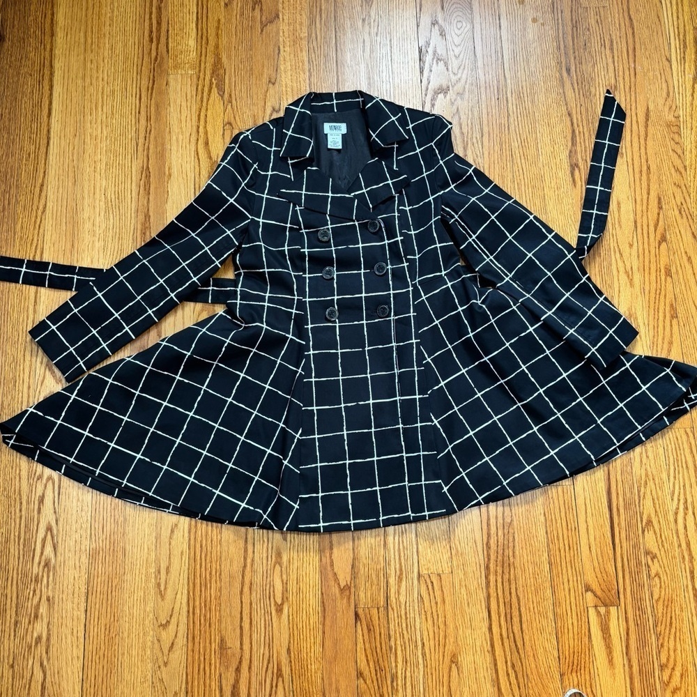 Monroe & Main Preppy Black White Plaid Double-breasted Peplum Swing Trench Coat - Picture 13 of 16